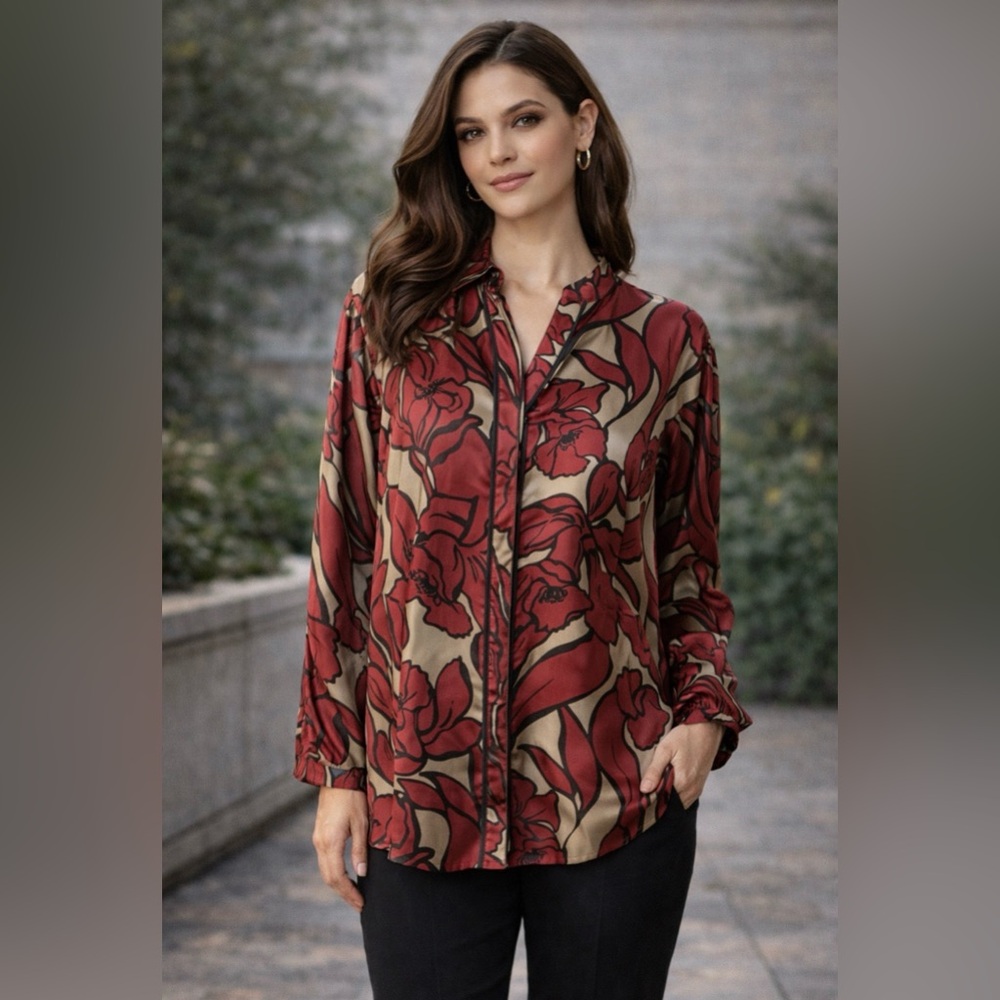 Nygard Silk Blouse Top Womens Size 20 Red Tan Black Long Sleeve